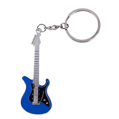 Llavero de metal de guitarra azul en miniatura