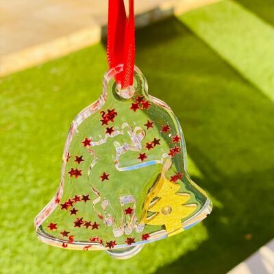 Décoration de Noël - Cloche avec Sapin en bois doré et Paillettes étoiles rouges