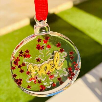 Décoration de Noël - Boule-Sphère avec Noël en bois doré et Paillettes étoiles rouges