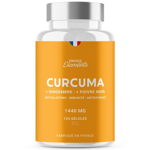 CURCUMA + Poivre noir + Gingembre | 1440 MG | Articulations Immunité Antioxydant Digestion | 120 Gélules | Complement alimentaire | Fabriqué en France