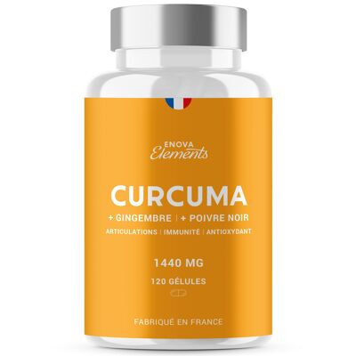 CURCUMA + Poivre noir + Gingembre | 1440 MG | Articulations Immunité Antioxydant Digestion | 120 Gélules | Complement alimentaire | Fabriqué en France