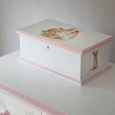 Personalised Hand Painted Memory Box - Barbara’s Bunnies - Dragons Pink Trim