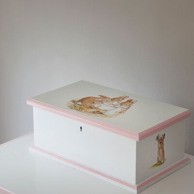 Personalised Hand Painted Memory Box - Designer Bunnies - Briar Pink Trim
