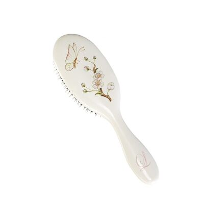 Large Hairbrush - Linen Blossom Sprig with White Butterfly - Dragons Pink Initial