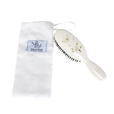 Small Hairbrush - Linen Blossom with White Butterfly - Dragons Pink Initial
