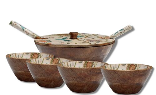 Wooden Serving bowl with lid & 4 Portion bowls in matching Hummingbird print
