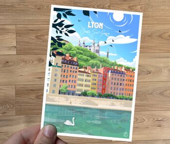 Carte postale de voyage vintage, illustration de Lyon, pour décoration d'intérieur / Lyon - Quartier Saint-Georges 2
