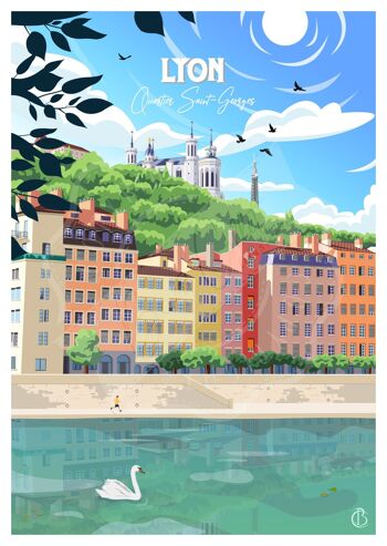 Carte postale de voyage vintage, illustration de Lyon, pour décoration d'intérieur / Lyon - Quartier Saint-Georges 5