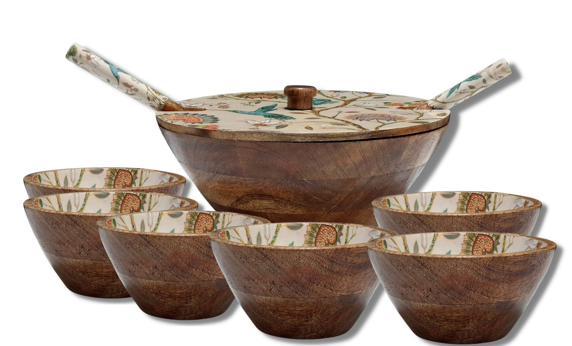 Wooden Serving bowl with lid & 6 Portion bowls in matching Hummingbird print