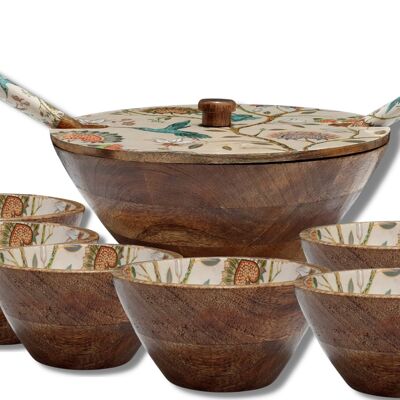Wooden Serving bowl with lid & 6 Portion bowls in matching Hummingbird print
