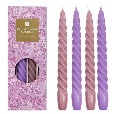 Velas de cena en espiral rosa y morado - Paquete de 4