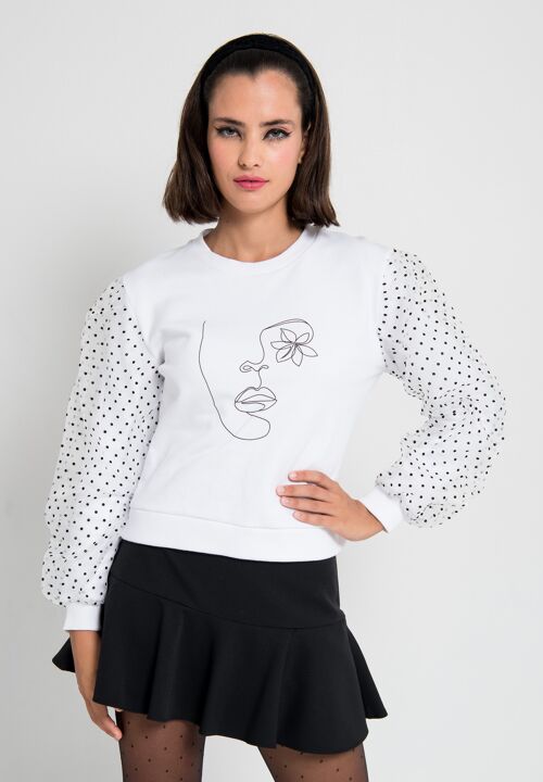 Sudadera de Mujer de Algodón Blanco Manga Doble, Mangas Plumeti Globo de Organza Blanco con Lunares, Sudadera Virginia de Tejido Polar con Estampado de Silueta de Cara, Diseño Español de Alta Calidad