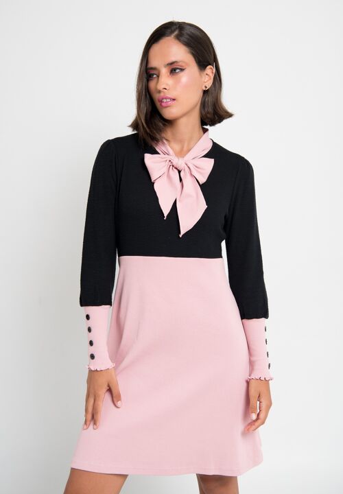 Elegante Vestido Corto Negro y Rosa con Mangas Largas y Puños con Botones, Vestido Agatha en Punto Bicolor y Elástico, Cuello Lazo y Falda Evasé, Cómodo y Combinable para Vestir Casual o Evento