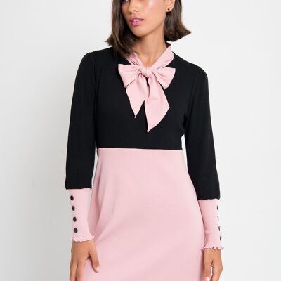 Élégante Robe Corto Negro y Rosa avec Mangas Largas et Puños con Botones, Robe Agatha en Punto Bicolor y Elástico, Cuello Lazo et Falda Evasé, Cómodo y Combinable para Vestir Casual o Evento