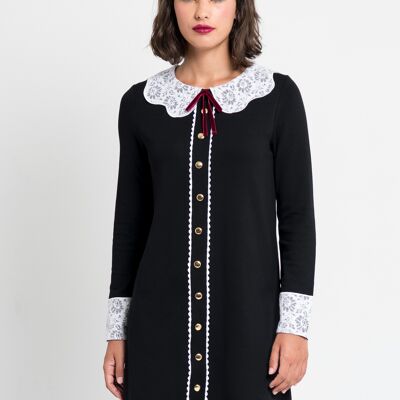 Robe courte de manga longue en point noir avec cuello Peter Pan de encaje blanco, robe ajustée suelto Jane avec broches dorées et puños de encaje, design style miércoles, formel, élégant et confortable