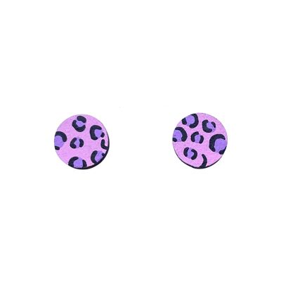mini aretes circulares con estampado de leopardo de madera pintados a mano en rosa y morado