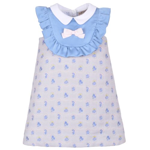 Ruffle Bib Shift Dress - Dove / Cornflower