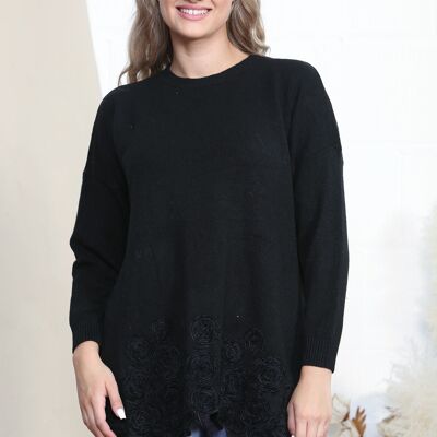 Black long sleeve jumper with spiral pattern