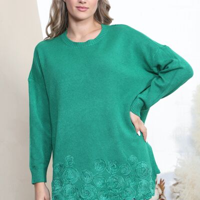 Green long sleeve jumper with spiral pattern