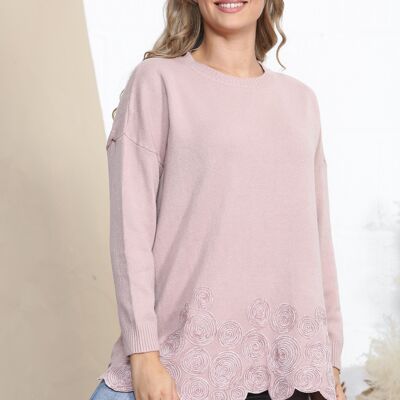 Pink long sleeve jumper with spiral pattern