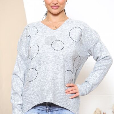 Grey sparkle embellished circle print jumper