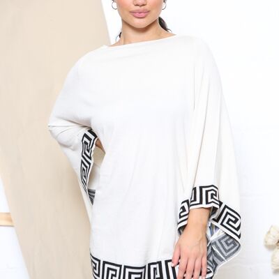 Beige aztec print trim poncho