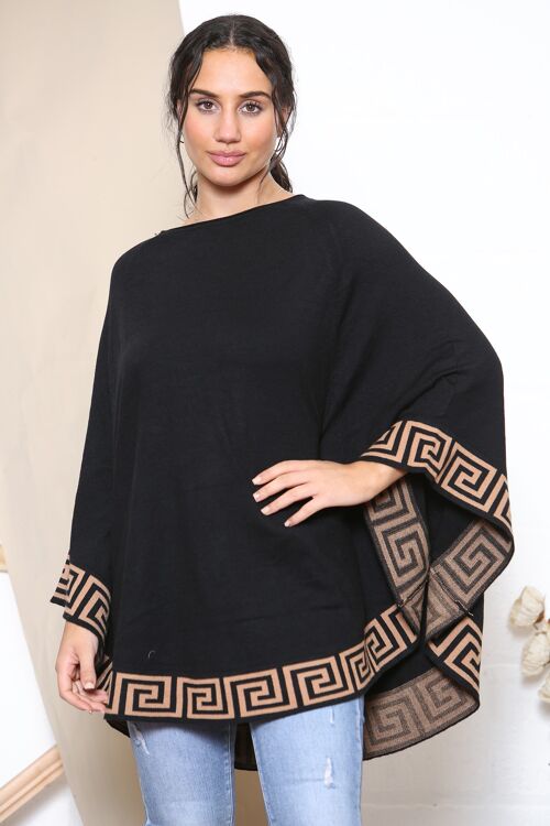 Black/Camel aztec print trim poncho