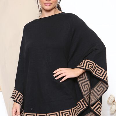 Black/Camel aztec print trim poncho