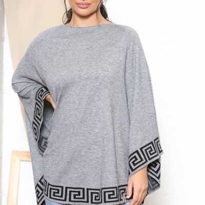 Grey aztec print trim poncho