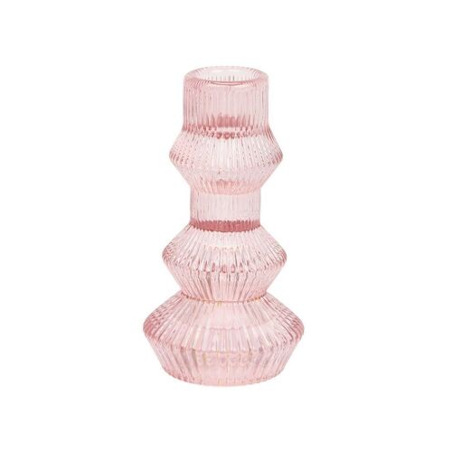 Ribbed Pink Glass Candlestick Holder, Mother's Day Gifts