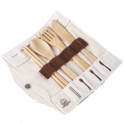 Set Couverts en Bois - Kit Couverts de Voyage Ecologique - Courteau, Fourchette, Cuillère, Baguettes UMAMI