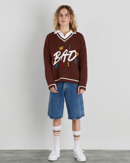 Mind Blown Oversized Knit V Neck Jumper With Graphic In Brown