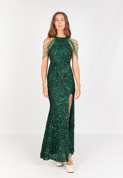 IRENE EMERALD GREEN EVENING DRESS WITH SPLIT