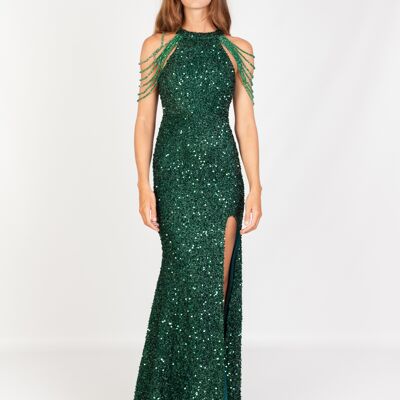 IRENE EMERALD GREEN EVENING DRESS WITH SPLIT