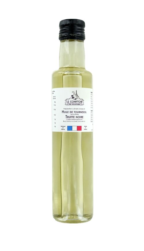 Huile de Tournesol aromatisée à la truffe noire avec morceaux de truffe d'été (tuber aestivum)