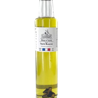 Olive oil flavored with white truffle with pieces of summer truffle (tuber aestivum)