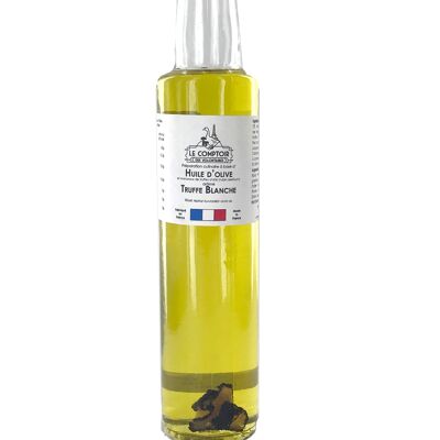 Olive oil flavored with white truffle with pieces of summer truffle (tuber aestivum)