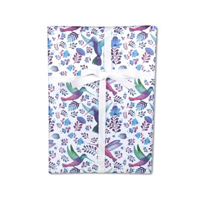 Papier cadeau, colibris, fleurs bleues, format feuille 50 x 70 cm