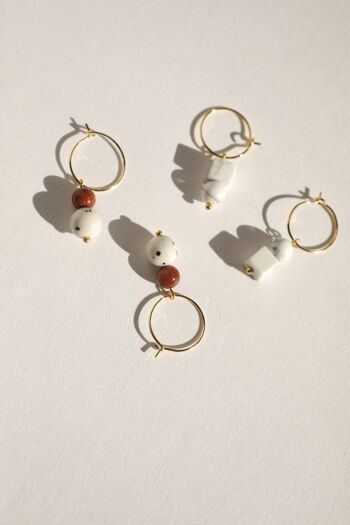 Mini créoles mashan jade&goldstone (blanc tacheté&orange pailleté) plaqué argent 3