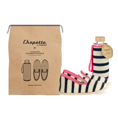 Coffret gourde en verre Chopette + chaussons de Charentaises - coloris marinière- Tailles série 1- Coffret Craft idéal à Noël