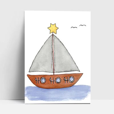 Folded card, sailing boat "Ho Ho Ho", with envelope