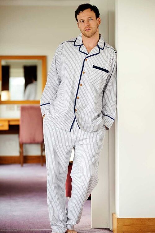 Irish Country Flannel Pyjamas - SF3 Navy/Cream/Red Stripe