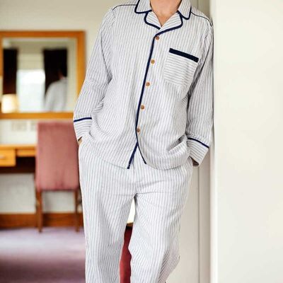 Irish Country Flannel Pyjamas - SF3 Navy/Cream/Red Stripe