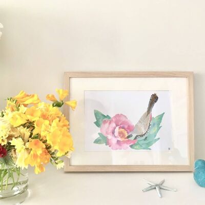 Pivoine et oiseau Impression artistique