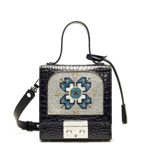 SAC ÉRATO - MOTIF FLEUR BLEU SUR UN FOND ARGENTÉ