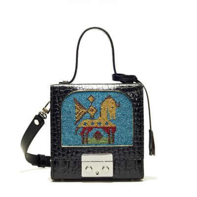 ERATO BAG - GOLD AND RED HORSE & BIRD PATTERN ON BLUE BACKGROUND