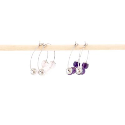 Set of 2 hoop earrings in stainless steel and natural amethyst and pink quartz stones