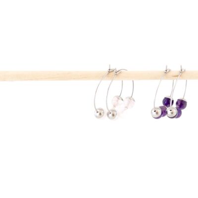 Set of 2 hoop earrings in stainless steel and natural amethyst and pink quartz stones