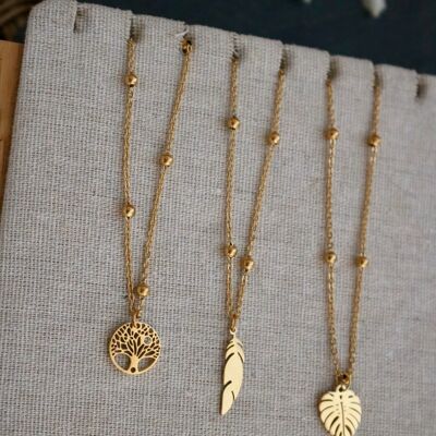 set of 3 golden stainless steel feather tree and leaf necklaces