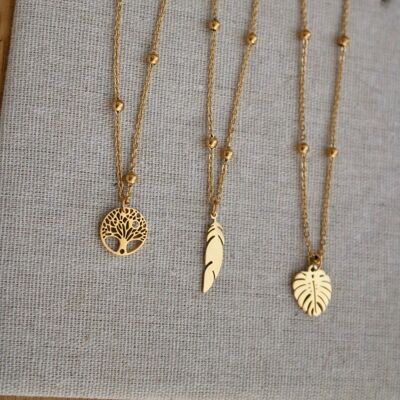 set of 3 golden stainless steel feather tree and leaf necklaces